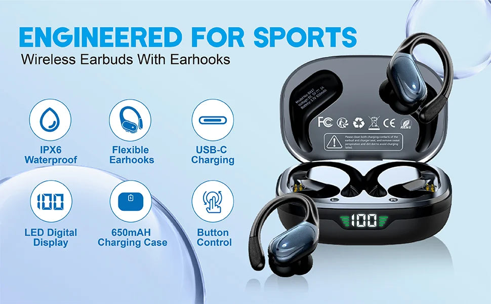 Écouteurs Bluetooth BX17, TWS avec crochets d'oreilles, Bluetooth 5.3, stéréo, commandes par boutons, avec microphone, écouteurs sans fil pour la course et le sport.Headphones