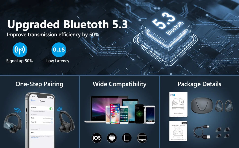 Écouteurs Bluetooth BX17, TWS avec crochets d'oreilles, Bluetooth 5.3, stéréo, commandes par boutons, avec microphone, écouteurs sans fil pour la course et le sport.Headphones